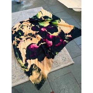 m0851 Montreal Abstract Floral Lightweight Scarf Purple Green Yellow Fringe Wrap